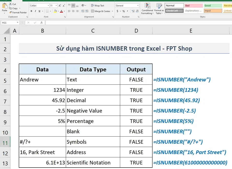 Cách sử dụng hàm ISNUMBER trong Excel