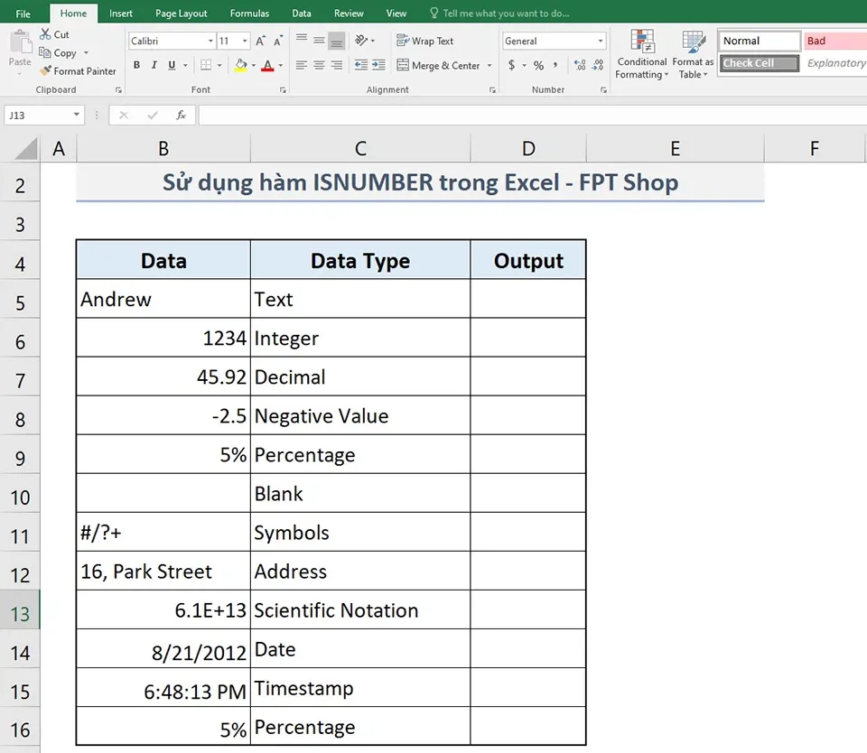 Cách sử dụng hàm ISNUMBER trong Excel