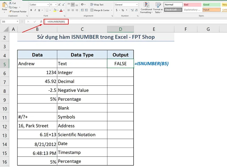 Cách sử dụng hàm ISNUMBER trong Excel