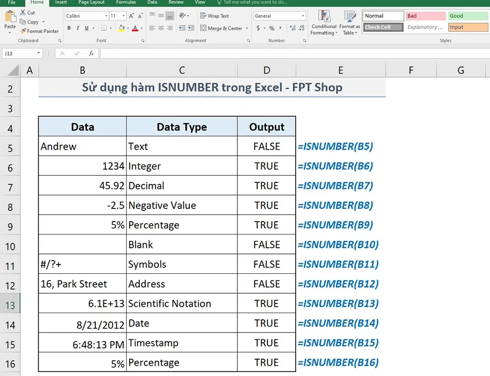 Cách sử dụng hàm ISNUMBER trong Excel