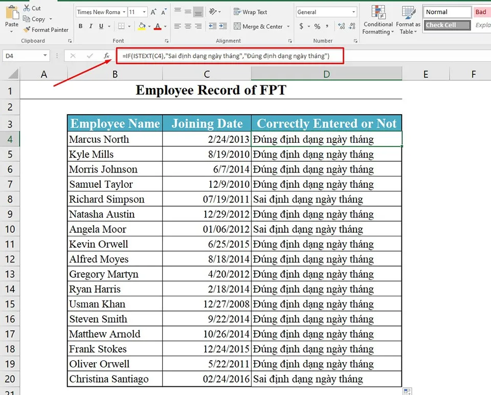 Cách sử dụng hàm ISTEXT trong Excel