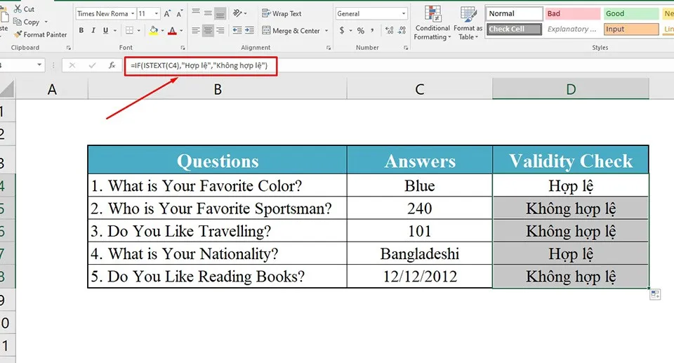 Cách sử dụng hàm ISTEXT trong Excel