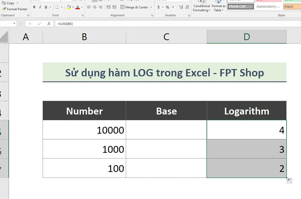 Cách sử dụng hàm LOG trong Excel