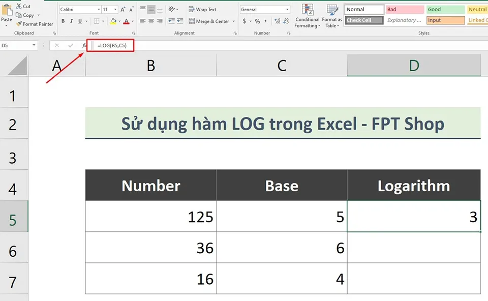 Cách sử dụng hàm LOG trong Excel