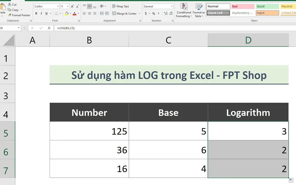 Cách sử dụng hàm LOG trong Excel