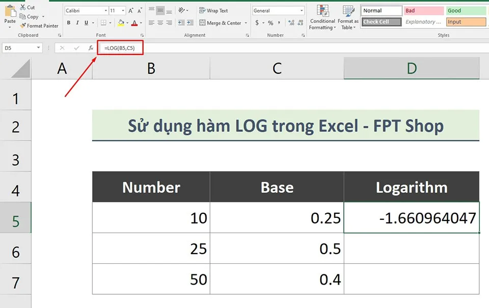 Cách sử dụng hàm LOG trong Excel