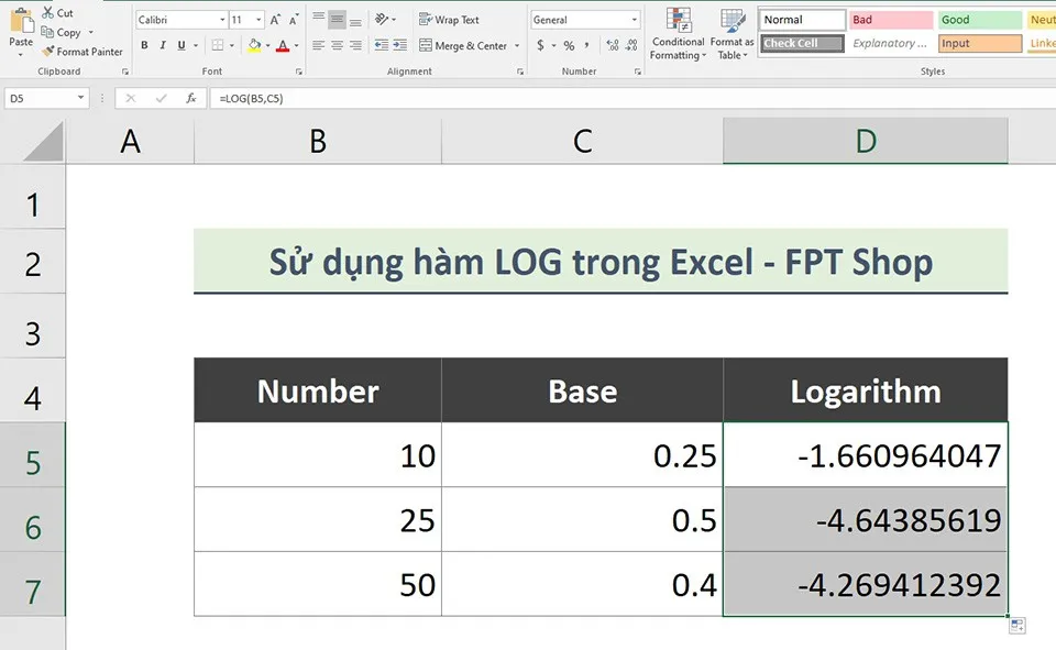 Cách sử dụng hàm LOG trong Excel