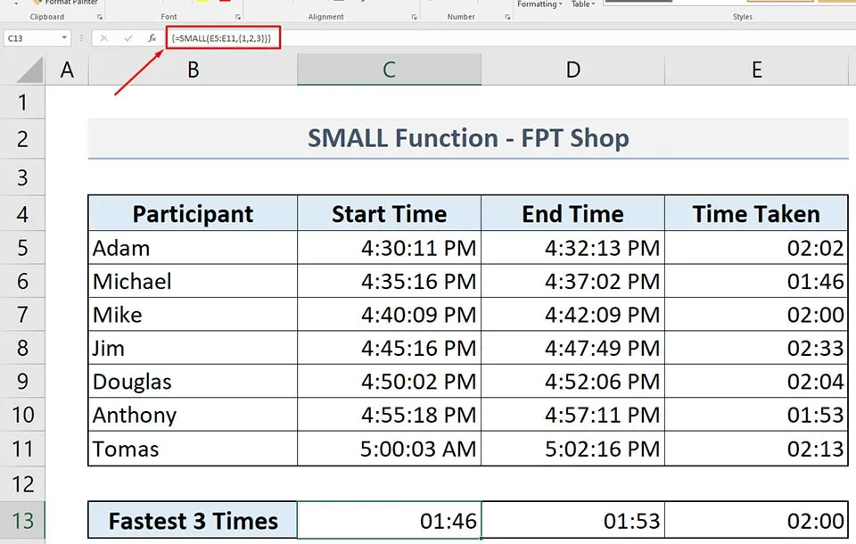 Cách sử dụng hàm SMALL trong Excel