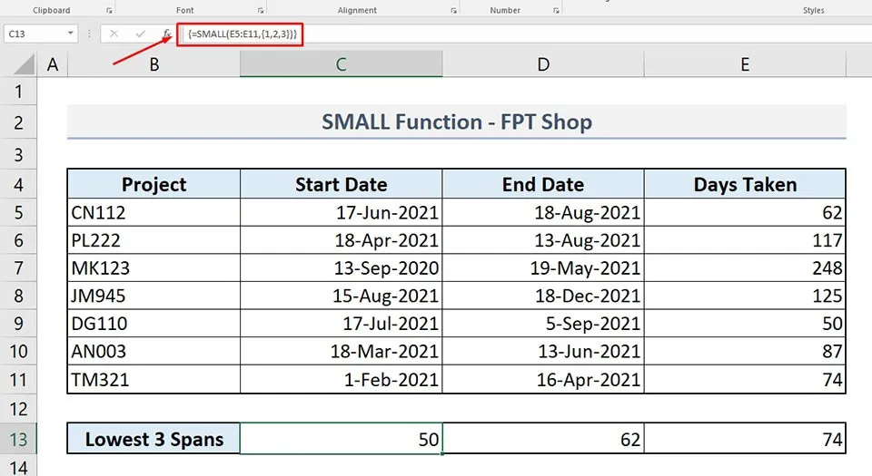 Cách sử dụng hàm SMALL trong Excel