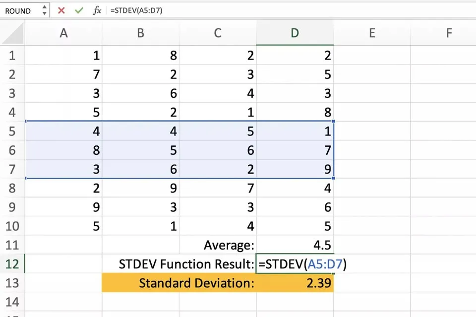 Cách sử dụng hàm STDEV trong Excel