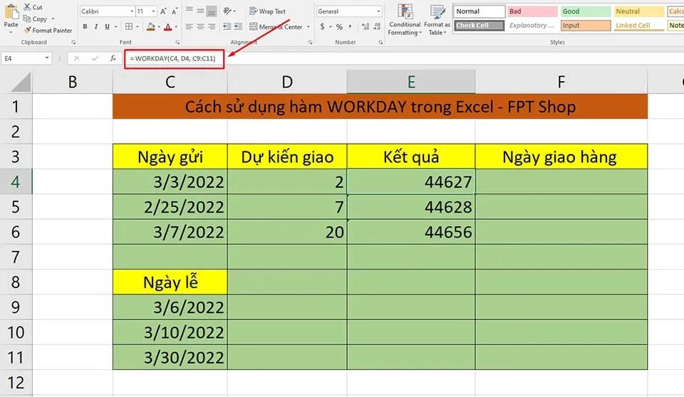 Cách sử dụng hàm WORKDAY trong Excel