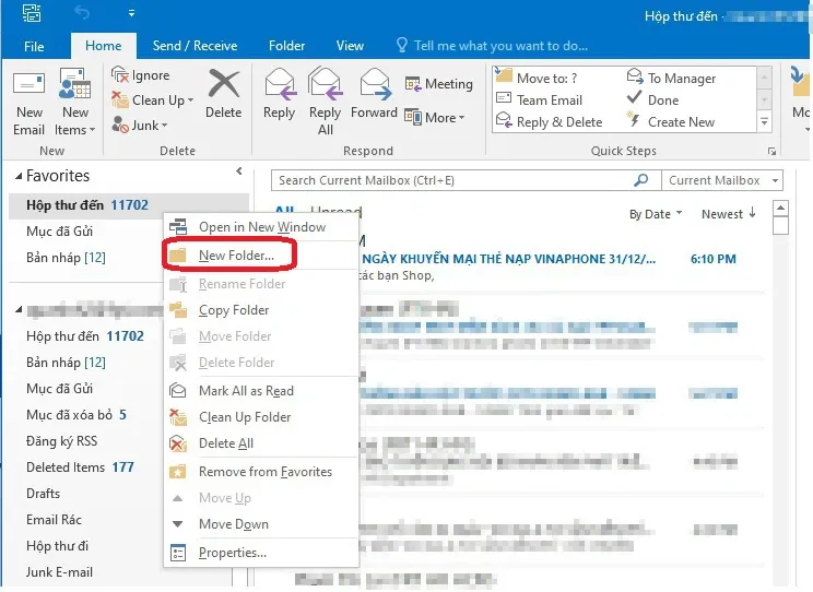 Cách tạo thư mục và chuyển email vào thư mục trong Outlook