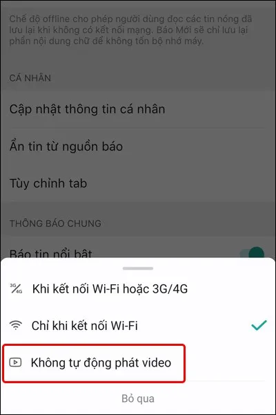 Cách tắt tự động phát video trên ứng dụng Báo Mới