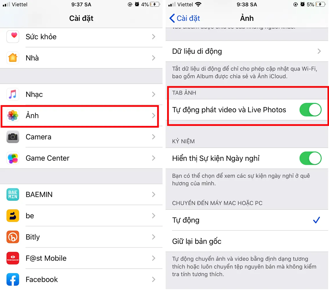 Cách tắt Tự động phát video và Live Photos trên iPhone, iPad và Mac