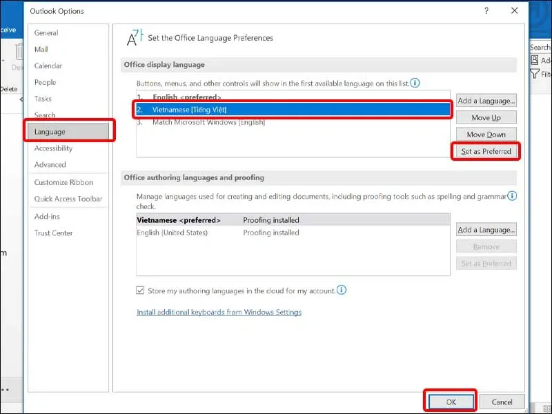Cách thay đổi ngôn ngữ trên Outlook sang tiếng Việt đơn giản