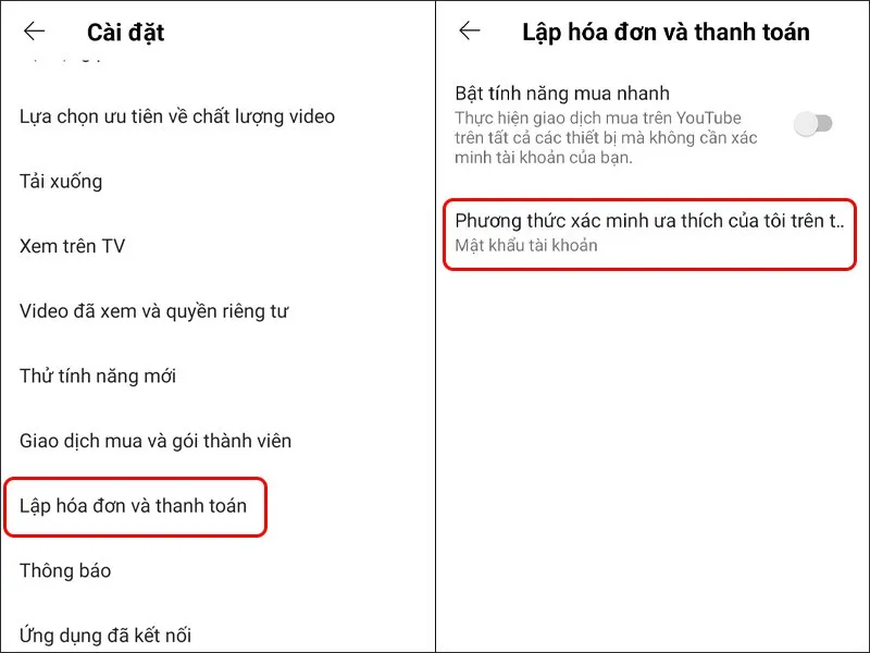 Cách thay đổi phương thức xác minh khi lập hóa đơn và thanh toán trên YouTube