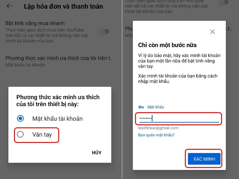 Cách thay đổi phương thức xác minh khi lập hóa đơn và thanh toán trên YouTube