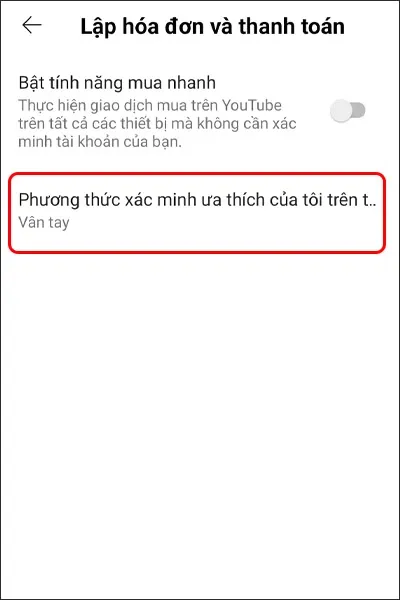 Cách thay đổi phương thức xác minh khi lập hóa đơn và thanh toán trên YouTube