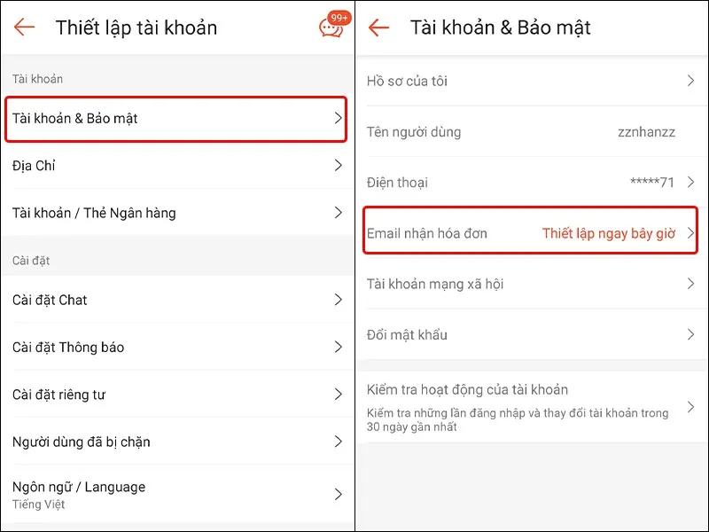 Cách thêm email nhận hóa đơn trên ứng dụng Shopee cực dễ