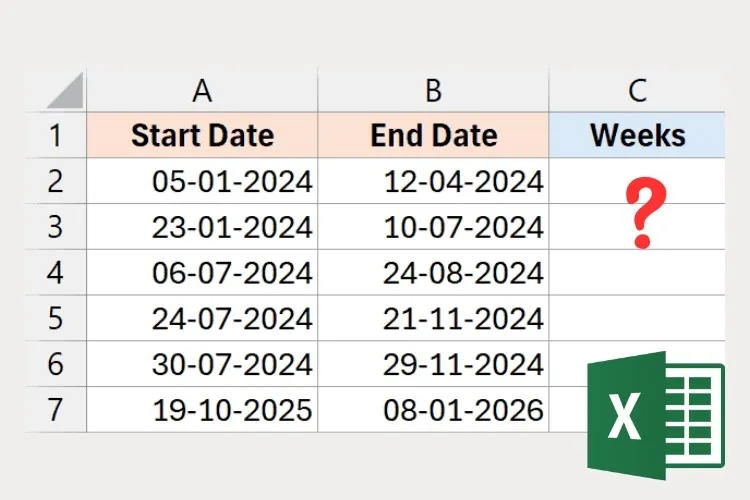 Cách tính số tuần trong Excel và tính số ngày lẻ khi đã biết giá trị đầu và cuối của mốc thời gian