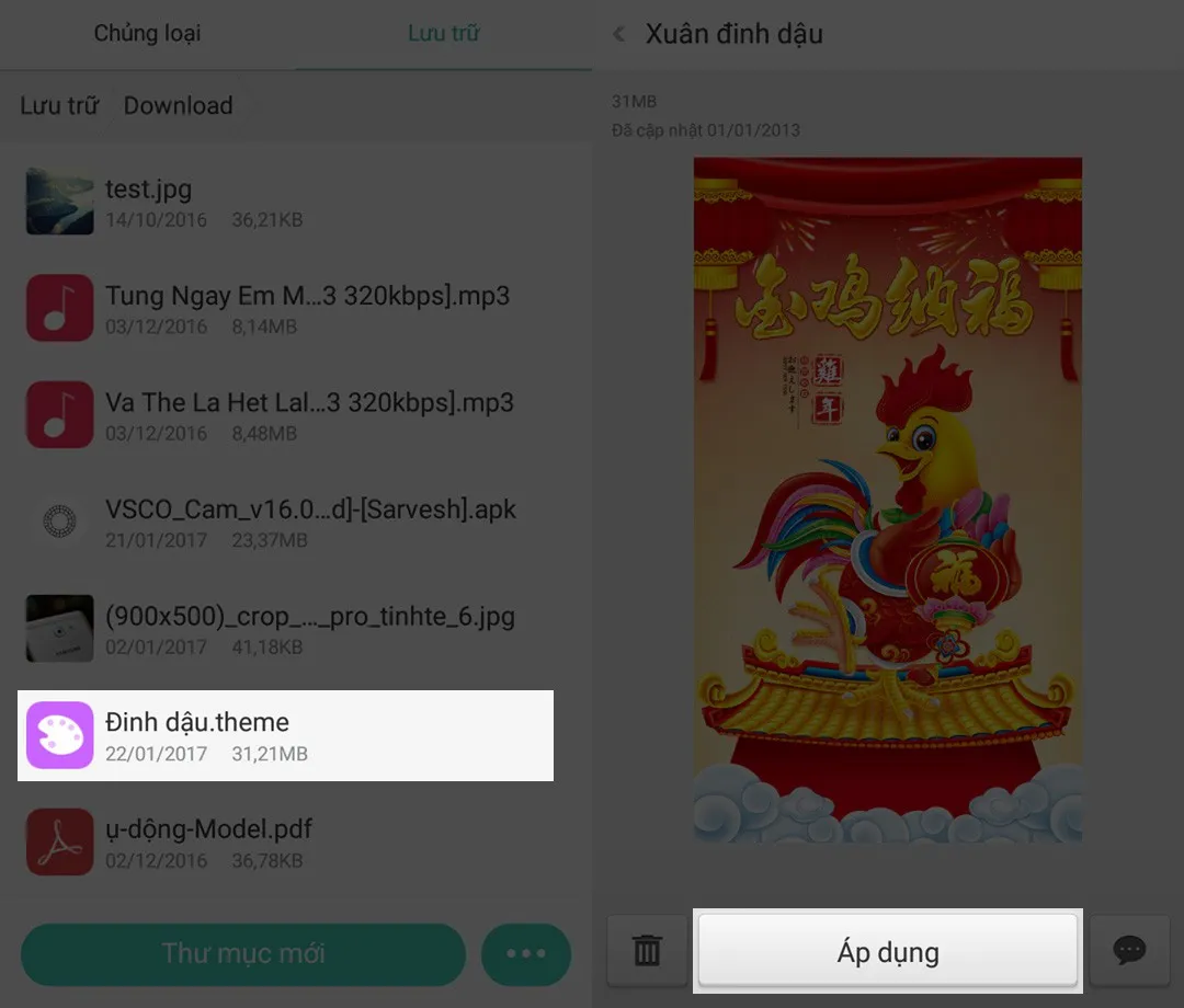 Cài đặt theme Tết Đinh Dậu 2017 độc quyền của OPPO