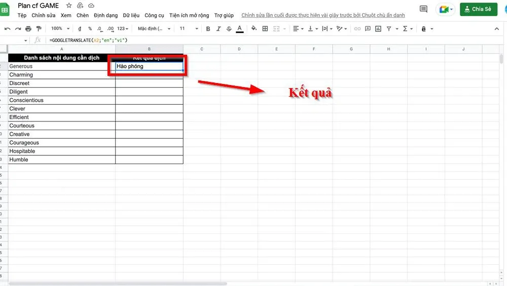 Chia sẻ bạn cách sử dụng hàm Google Translate trong Google Trang tính để phiên dịch nhanh chóng và tiện lợi
