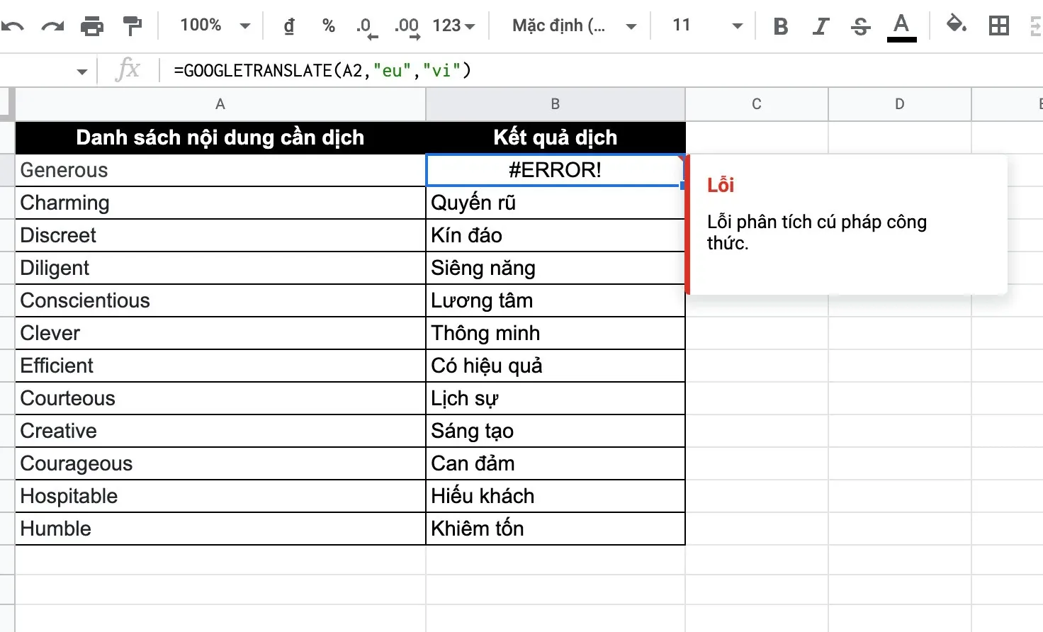 Chia sẻ bạn cách sử dụng hàm Google Translate trong Google Trang tính để phiên dịch nhanh chóng và tiện lợi