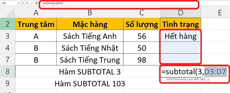 Công thức và hướng dẫn sử dụng hàm SUBTOTAL trong Excel đơn giản