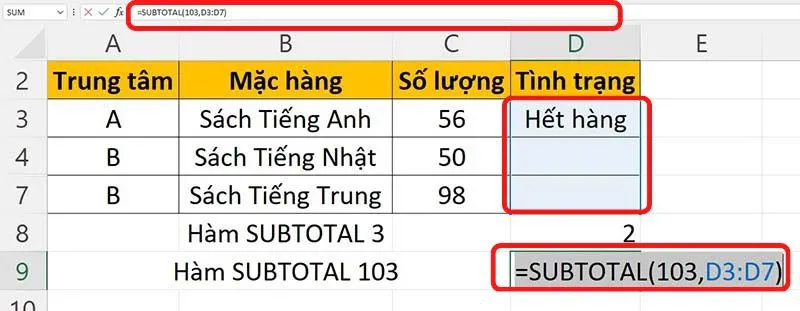 Công thức và hướng dẫn sử dụng hàm SUBTOTAL trong Excel đơn giản