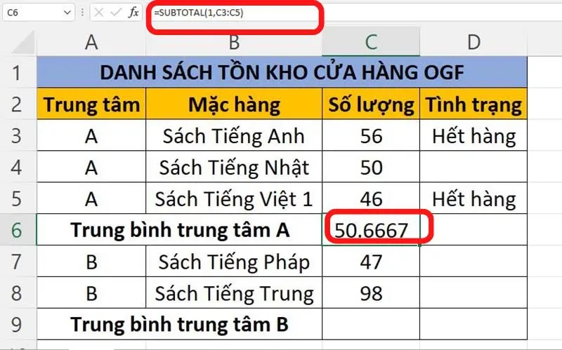 Công thức và hướng dẫn sử dụng hàm SUBTOTAL trong Excel đơn giản