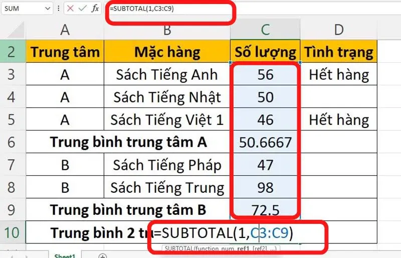 Công thức và hướng dẫn sử dụng hàm SUBTOTAL trong Excel đơn giản