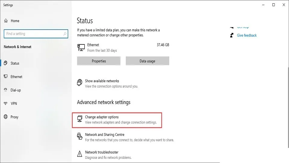 Trong phần cài đặt, bạn hãy chọn mục "Change adapter options"