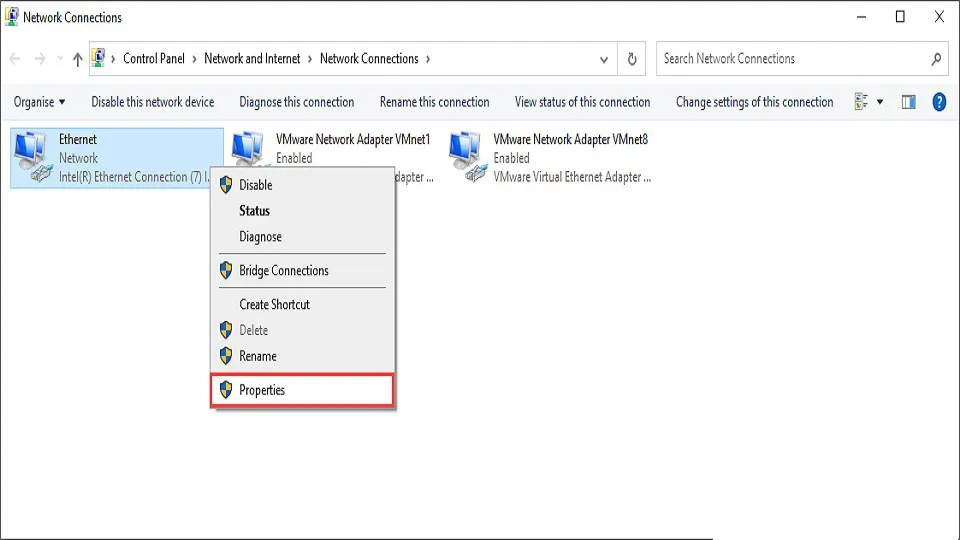  click chuột phải vào "Ethernet" để thực hiện chọn "Properties" 
