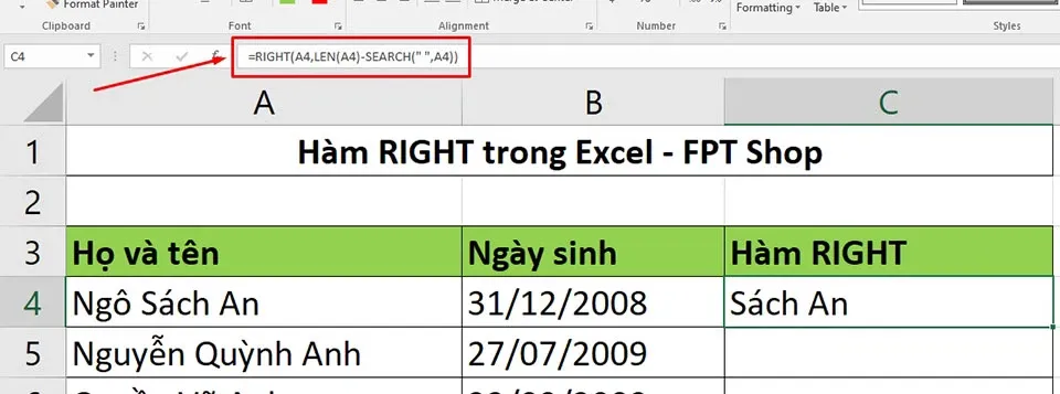 Giới thiệu về hàm RIGHT và cách sử dụng nó trong Excel