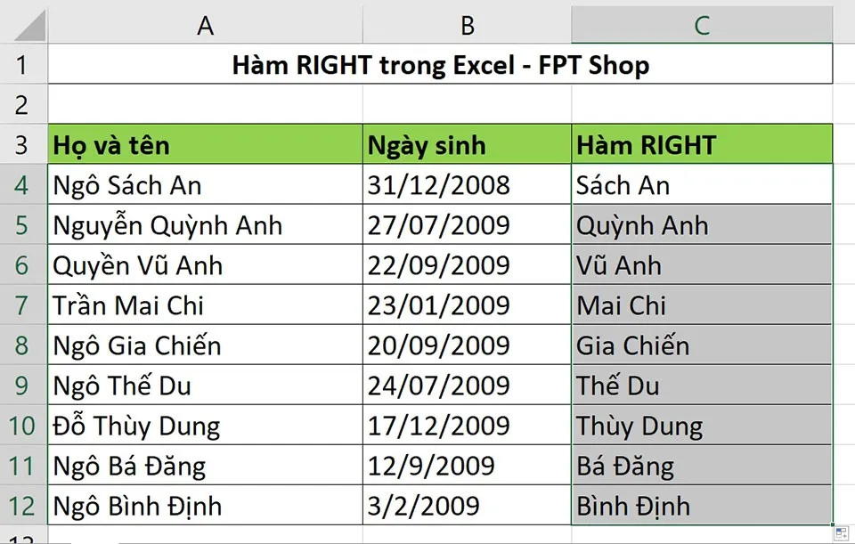 Giới thiệu về hàm RIGHT và cách sử dụng nó trong Excel