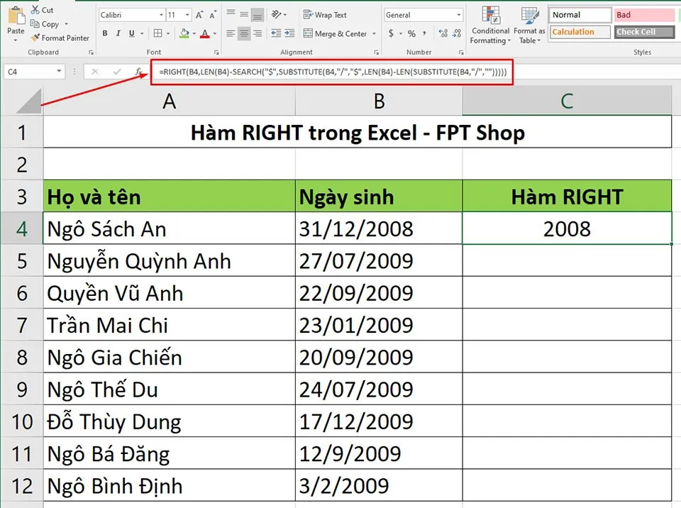 Giới thiệu về hàm RIGHT và cách sử dụng nó trong Excel