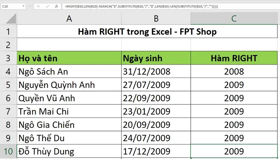 Giới thiệu về hàm RIGHT và cách sử dụng nó trong Excel