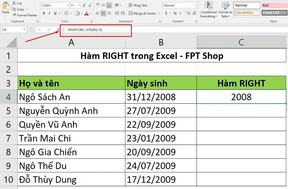 Giới thiệu về hàm RIGHT và cách sử dụng nó trong Excel