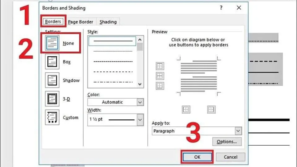 Bấm vào mục "Borders" và chọn chế độ "None" như trên hình