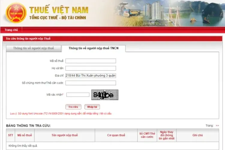 Trường hợp website hiển thị “Không tìm thấy người nộp thuế nào phù hợp"