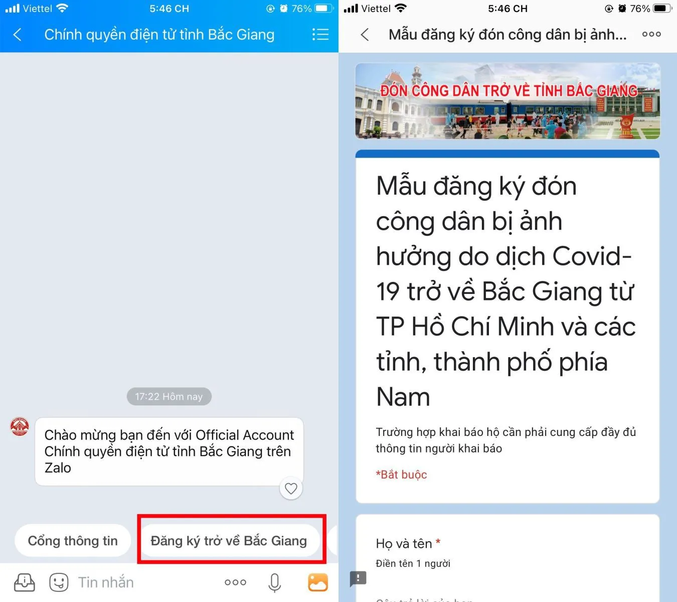 Hướng dẫn bạn cách đăng ký về quê tránh dịch bằng ứng dụng Zalo với một số tỉnh thành