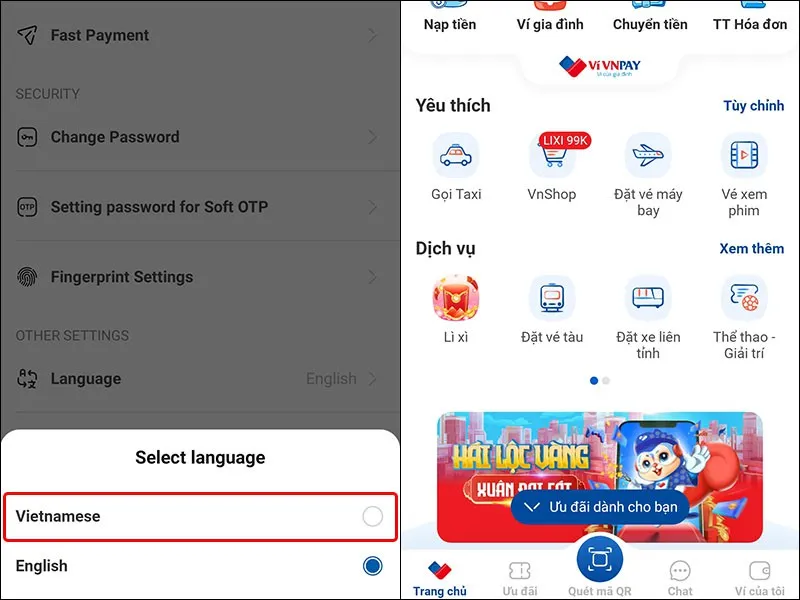 Hướng dẫn bạn thay đổi ngôn ngữ giao diện trên ví điện tử VNPAY cực kỳ dễ dàng
