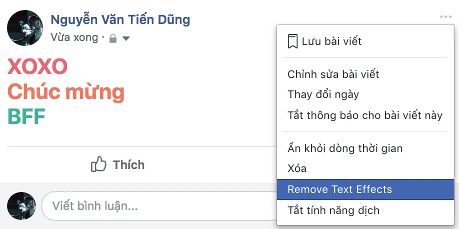 Hướng dẫn bỏ hiệu ứng chữ “BFF”, “Chúc mừng”, “XOXO”… trên Facebook