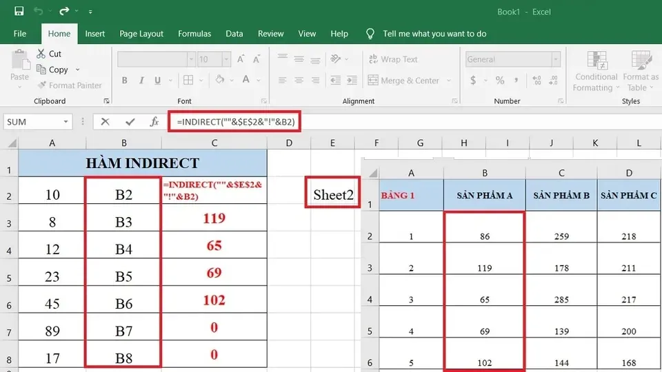 Cú pháp như sau: =INDIRECT(""&$E$2&"!"&B2)