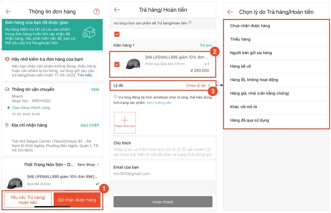 Các bước chọn "Yêu cầu trả hàng/ hoàn tiền" Shopee trên điện thoại