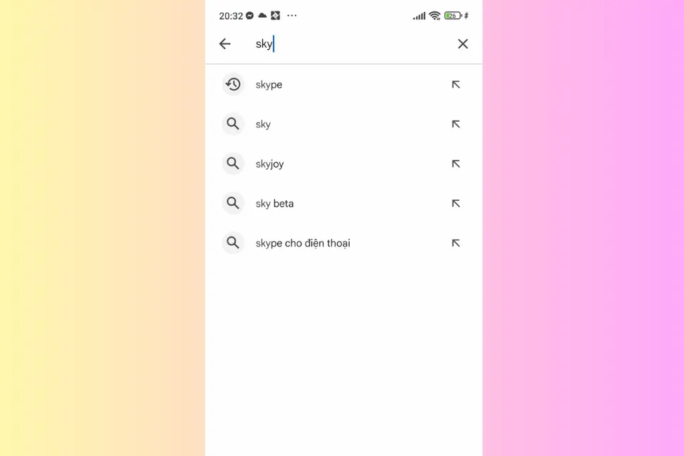 Tìm kiếm ứng dụng Skype bằng cách nhập từ khóa "Skype" vào thanh tìm kiếm trên màn hình