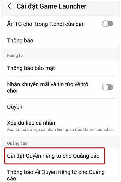 Hướng dẫn chặn quảng cáo trong ứng dụng Game Launcher trên điện thoại Samsung