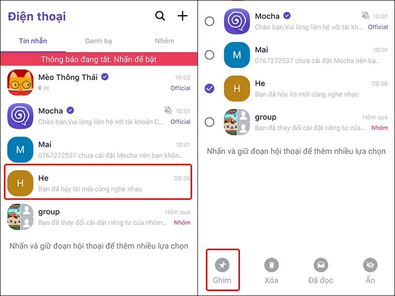 Hướng dẫn ghim và bỏ ghim tin nhắn quan trọng trong ứng dụng Mocha vô cùng dễ dàng