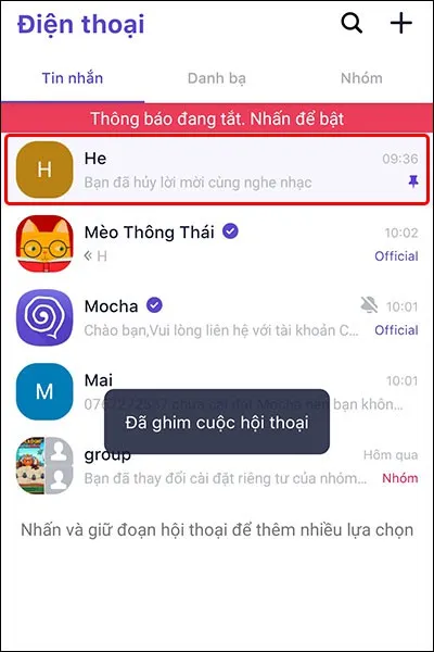 Hướng dẫn ghim và bỏ ghim tin nhắn quan trọng trong ứng dụng Mocha vô cùng dễ dàng