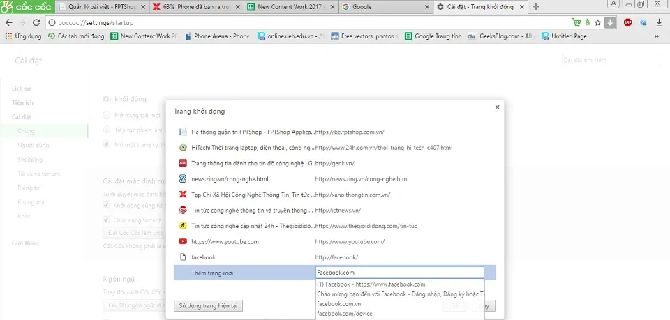 [Hướng dẫn] Mở trang web yêu thích ngay khi khởi động trình duyệt web Chrome, Cốc Cốc